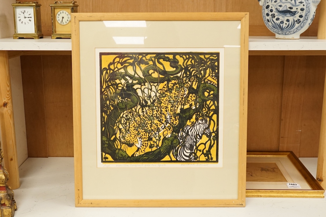 Jane K. Sandox (contemporary), 'How the leopard got his spots', signed in pencil, artist's proof colour linocut, 34 x 34cm